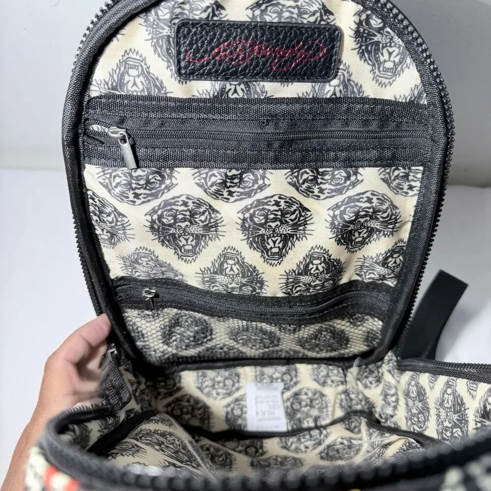 Ed Hardy Black Faux Leather Tattoo Print Mini Backpack/Sling Crossbody Bag NWT